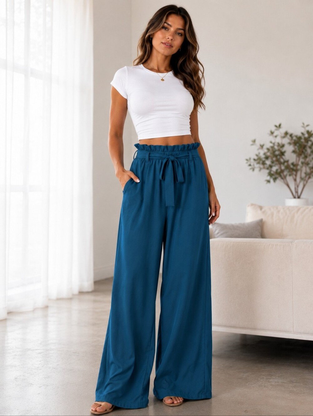 QUEEO Wide Leg Palazzo Pants Large Teal Blue High Waist Tie NWT